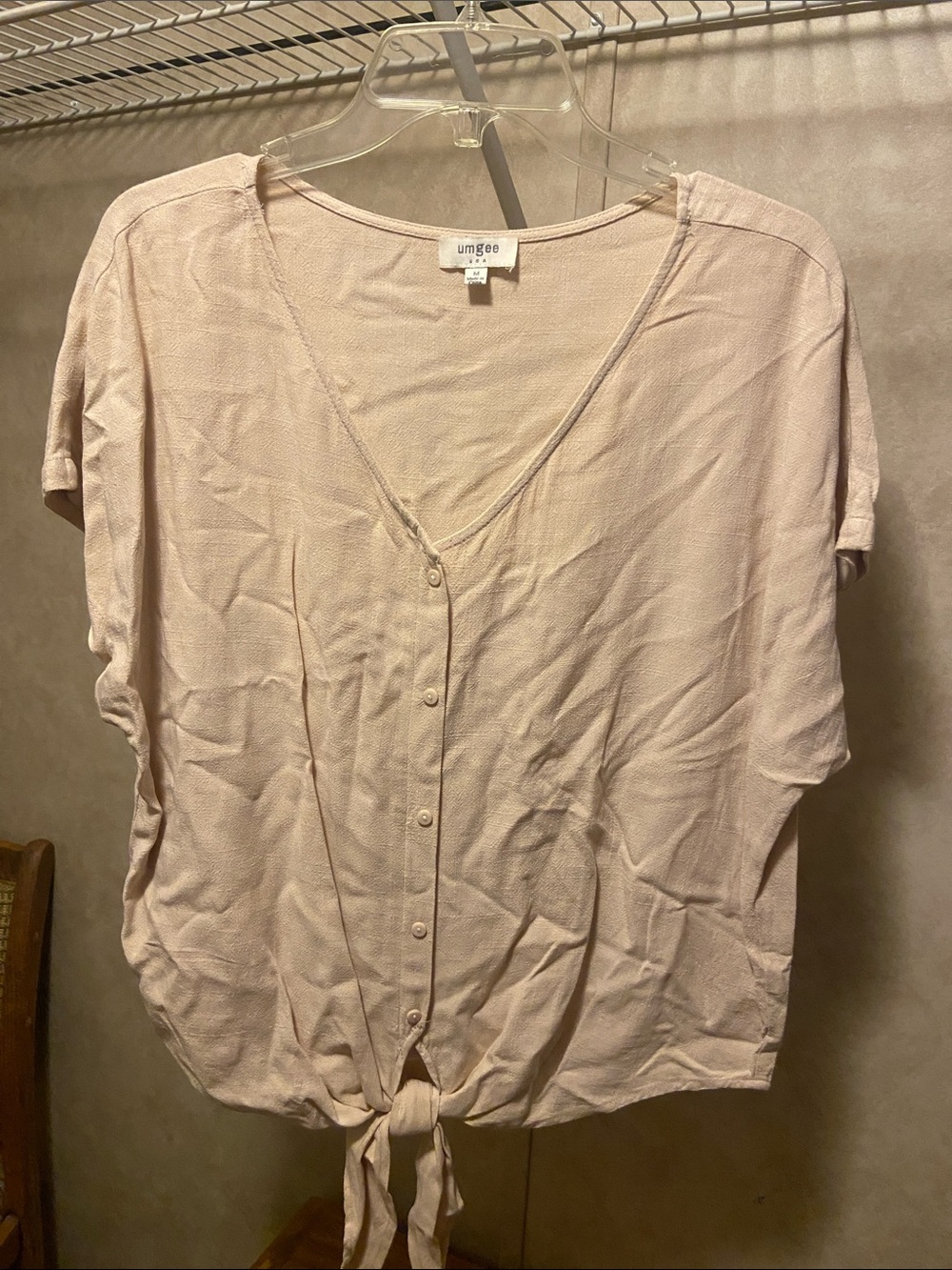 Umgee Blush Button-Front Tie Hem Short Sleeve Top